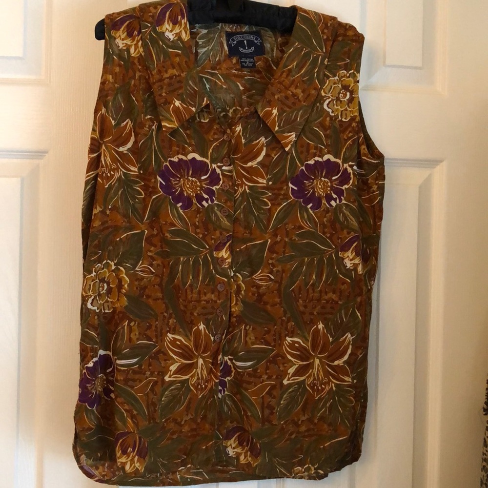 Sophisticated Neutral Tropical Floral Rayon Collared Sleeveless Blouse